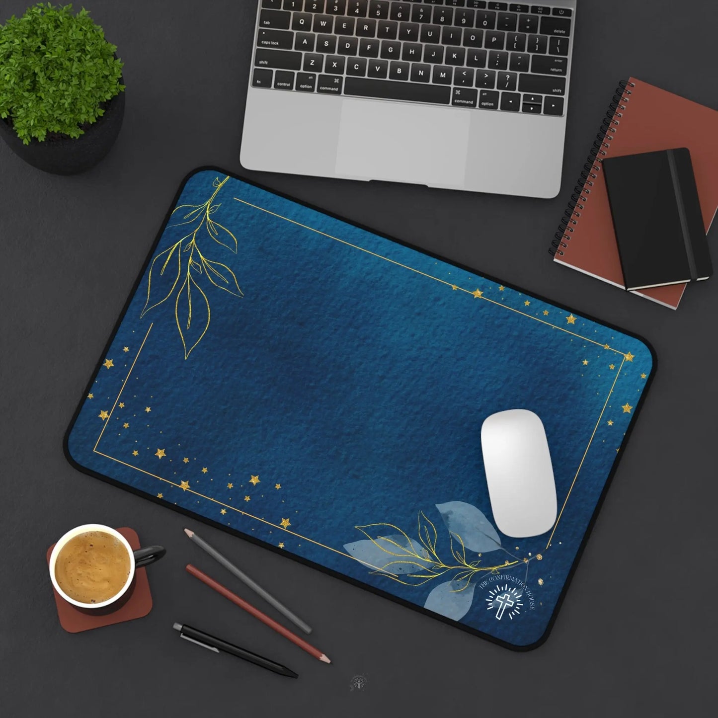 Blue Gold Floral Desk Mat — Elegant Midnight Office Mouse Pad Product vendor