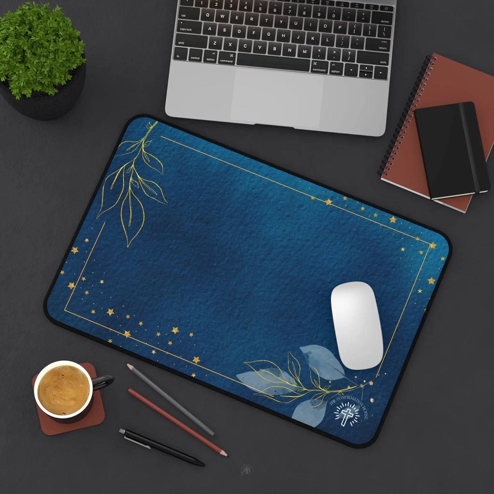 Blue Gold Floral Desk Mat — Elegant Midnight Office Mouse Pad Product vendor